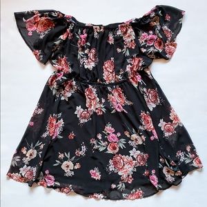 Torrid Black Floral Chiffon Off the Shoulder Flutter Sleeve Skater Dress
